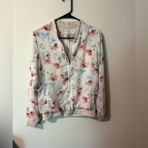 Floral Bomber Jacket with Red and Blue Accents